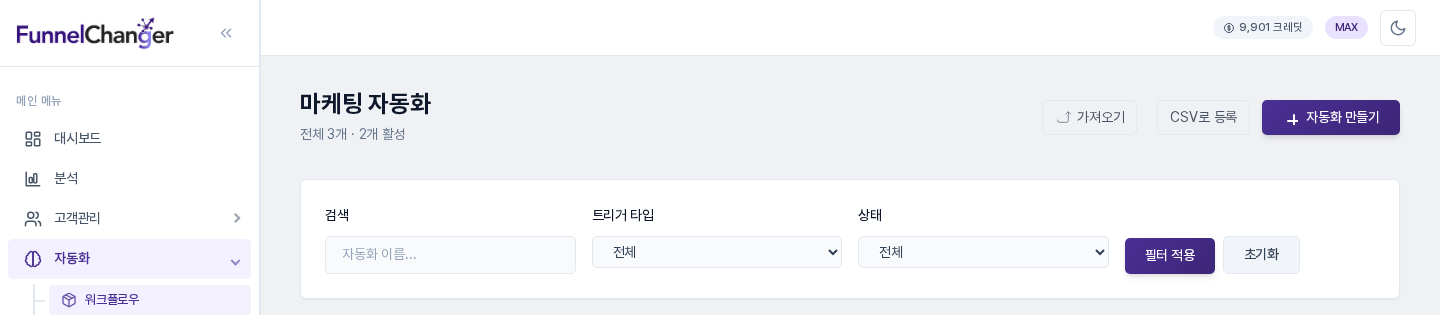 사이드바에서 자동화 아래 워크플로우가 선택된 마케팅 자동화 화면의 위쪽. 제목과 전체 3개 · 2개 활성 안내, 가져오기·CSV로 등록·자동화 만들기 버튼, 검색·필터 영역이 보인다