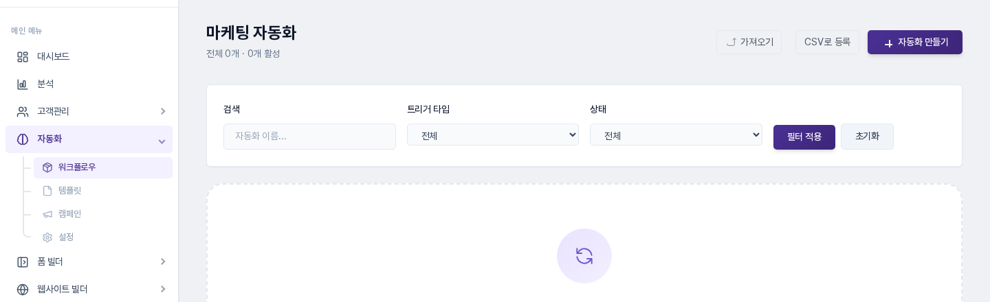자동화 아래 워크플로우가 선택된 마케팅 자동화 목록의 위쪽. 오른쪽 위에 가져오기, CSV로 등록, 자동화 만들기 버튼이 보인다