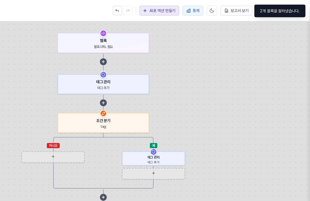 대기와 이메일 발송 블록을 잘라낸 뒤 캔버스에서 사라지고 2개 블록을 잘라냈습니다 안내가 뜬 모습