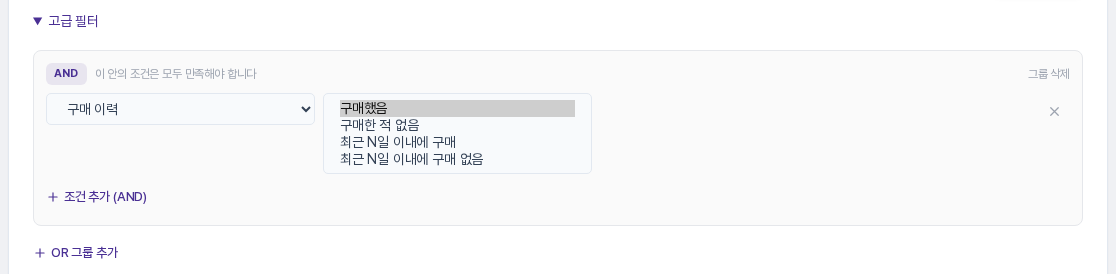 구매 이력 필드의 연산자 목록에 구매했음, 구매한 적 없음, 최근 N일 이내에 구매, 최근 N일 이내에 구매 없음이 보이는 화면