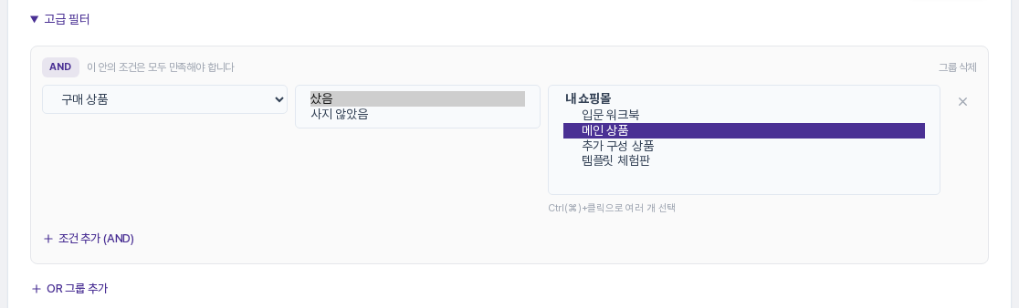 구매 상품 필드에서 연산자 샀음과 사지 않았음 목록, 쇼핑몰 아래 상품 목록에서 메인 상품을 고른 화면