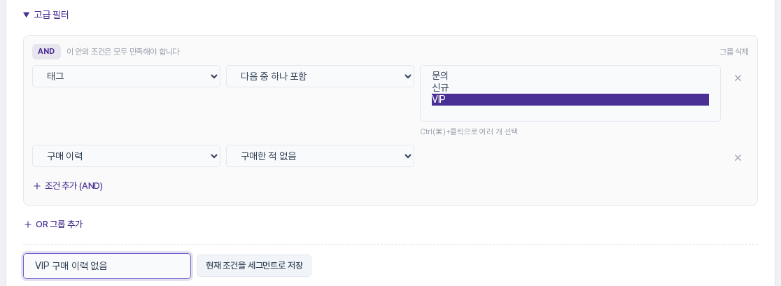 한 그룹에 태그 VIP와 구매 이력 구매한 적 없음 조건이 AND로 들어 있고 아래에 세그먼트 이름 입력칸이 보이는 화면