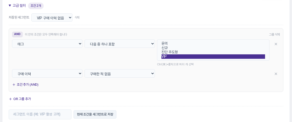 저장된 세그먼트 목록에 VIP 구매 이력 없음이 선택되어 있고 저장해 둔 두 조건이 그려진 화면