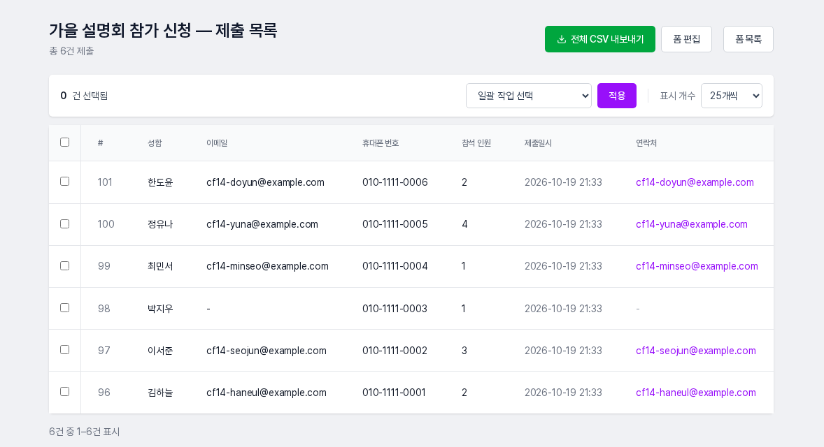 가을 설명회 참가 신청 폼의 제출 목록. 성함, 이메일, 휴대폰 번호, 참석 인원, 제출일시, 연락처 열이 있고 6건이 최신순으로 나열된 모습
