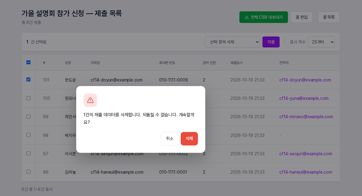 선택 항목 삭제를 적용했을 때 나오는 확인 창. 취소와 삭제 버튼이 보이는 모습
