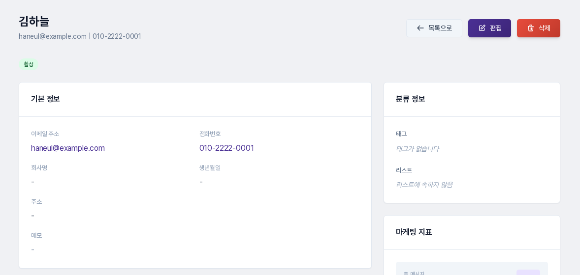 연락처 상세 화면. 기본 정보에 이메일과 전화번호가 채워져 있고 분류 정보의 태그와 리스트가 비어 있는 모습