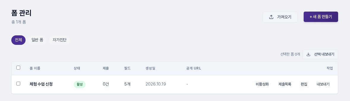 폼 관리 목록. 오른쪽 위에 가져오기와 새 폼 만들기 버튼이 있고, 폼 한 줄의 작업 열에 비활성화, 제출목록, 편집, 내보내기가 보이는 화면