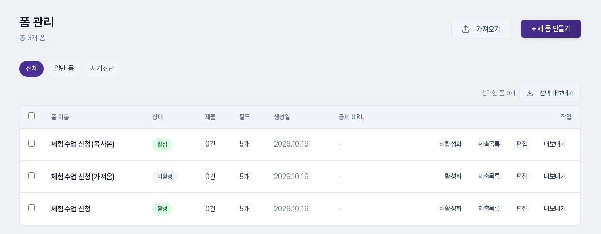 폼 목록에 체험 수업 신청 원본, (가져옴) 폼, (복사본) 폼이 한 줄씩 있고 모두 필드 5개이며 가져온 폼만 비활성으로 표시된 화면