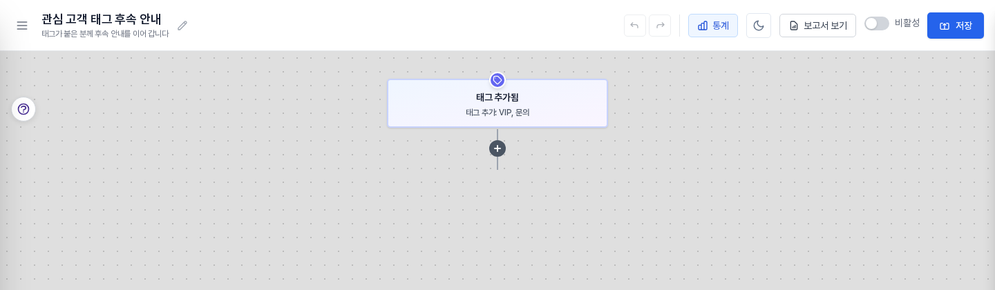저장 뒤의 빌더 화면. 태그 추가됨 블록에 태그 추가: VIP, 문의라는 부제가 표시되고, 오른쪽 위 스위치는 비활성 상태다
