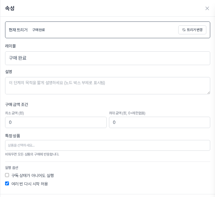 구매 완료 속성 패널. 레이블, 설명, 구매 금액 조건의 최소 금액과 최대 금액, 특정 상품 선택 칸, 실행 옵션 두 개가 보인다