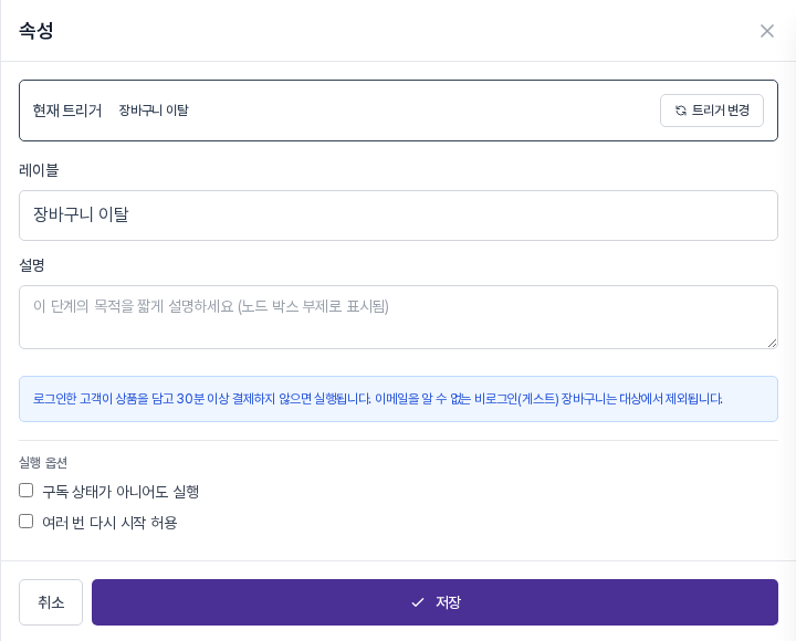 장바구니 이탈 속성 패널. 로그인한 고객이 상품을 담고 30분 이상 결제하지 않으면 실행된다는 안내와 실행 옵션 두 개가 보인다