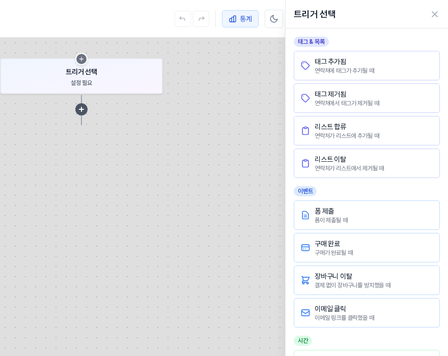 트리거 선택 목록. 이벤트 묶음 아래에 폼 제출, 구매 완료, 장바구니 이탈, 이메일 클릭 카드가 보인다
