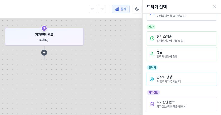 트리거 선택 목록. 연락처 묶음의 연락처 생성 카드와 자가진단 묶음의 자가진단 완료 카드가 보인다