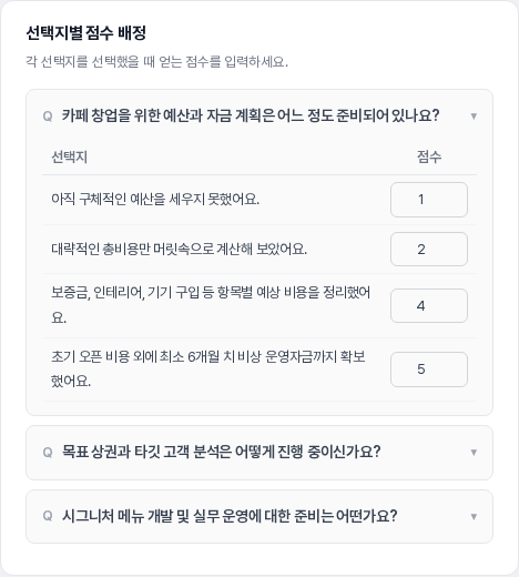 첫 번째 질문을 펼쳐 선택지마다 점수가 입력되어 있는 선택지별 점수 배정 영역