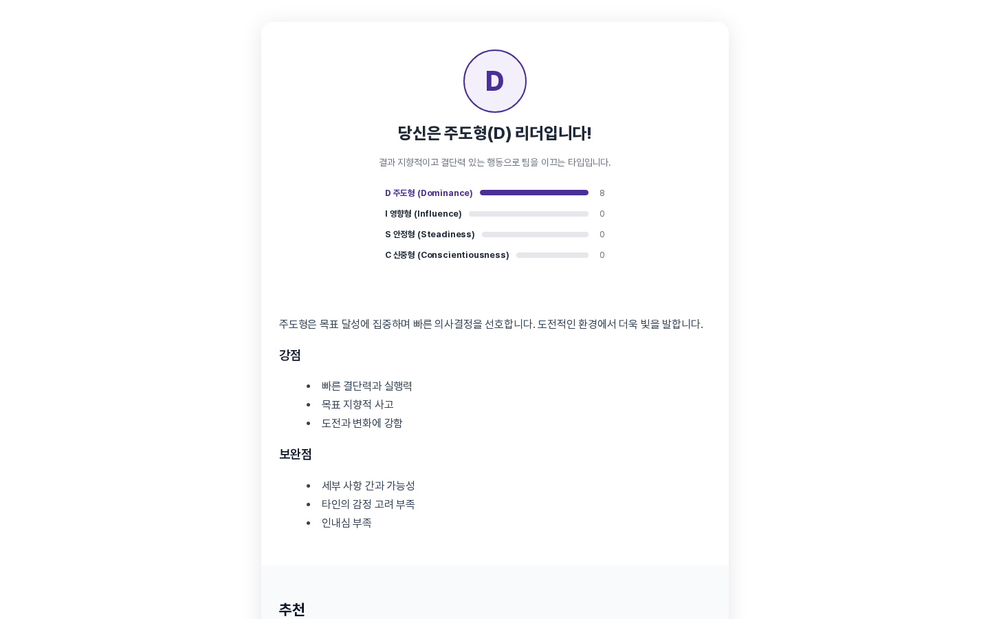 미리보기에서 첫 번째 선택지만 고른 뒤 나온 결과 화면. D 주도형 유형 제목과 유형별 점수 막대, 강점과 보완점이 보이는 모습