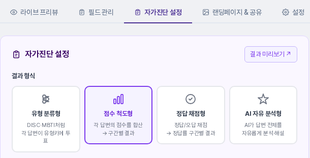 자가진단 설정 탭의 결과 형식 카드 4개 중 점수 척도형이 보라색 테두리로 선택되어 있고 오른쪽 위에 결과 미리보기 버튼이 보이는 화면