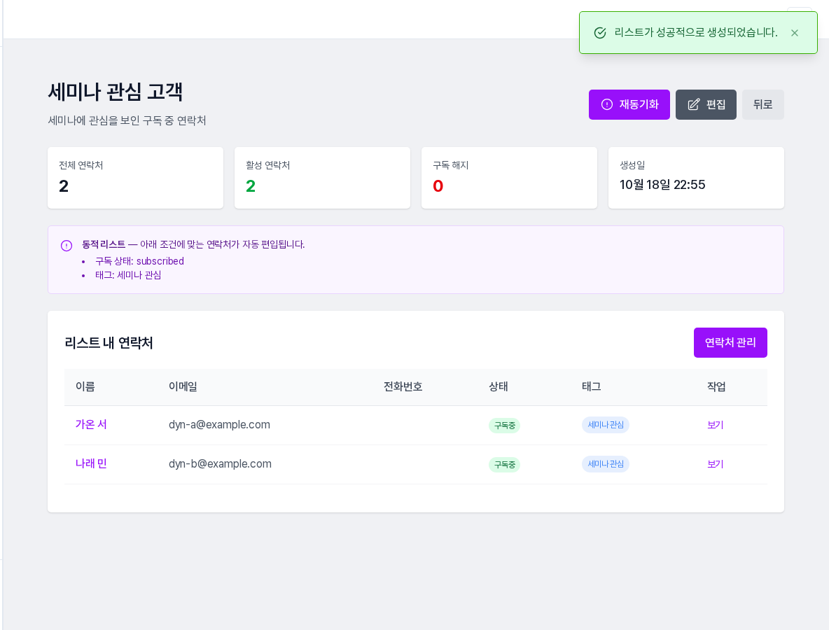 동적 리스트 상세 화면. 통계 카드와 조건 요약, 조건에 맞는 연락처 2명이 보입니다