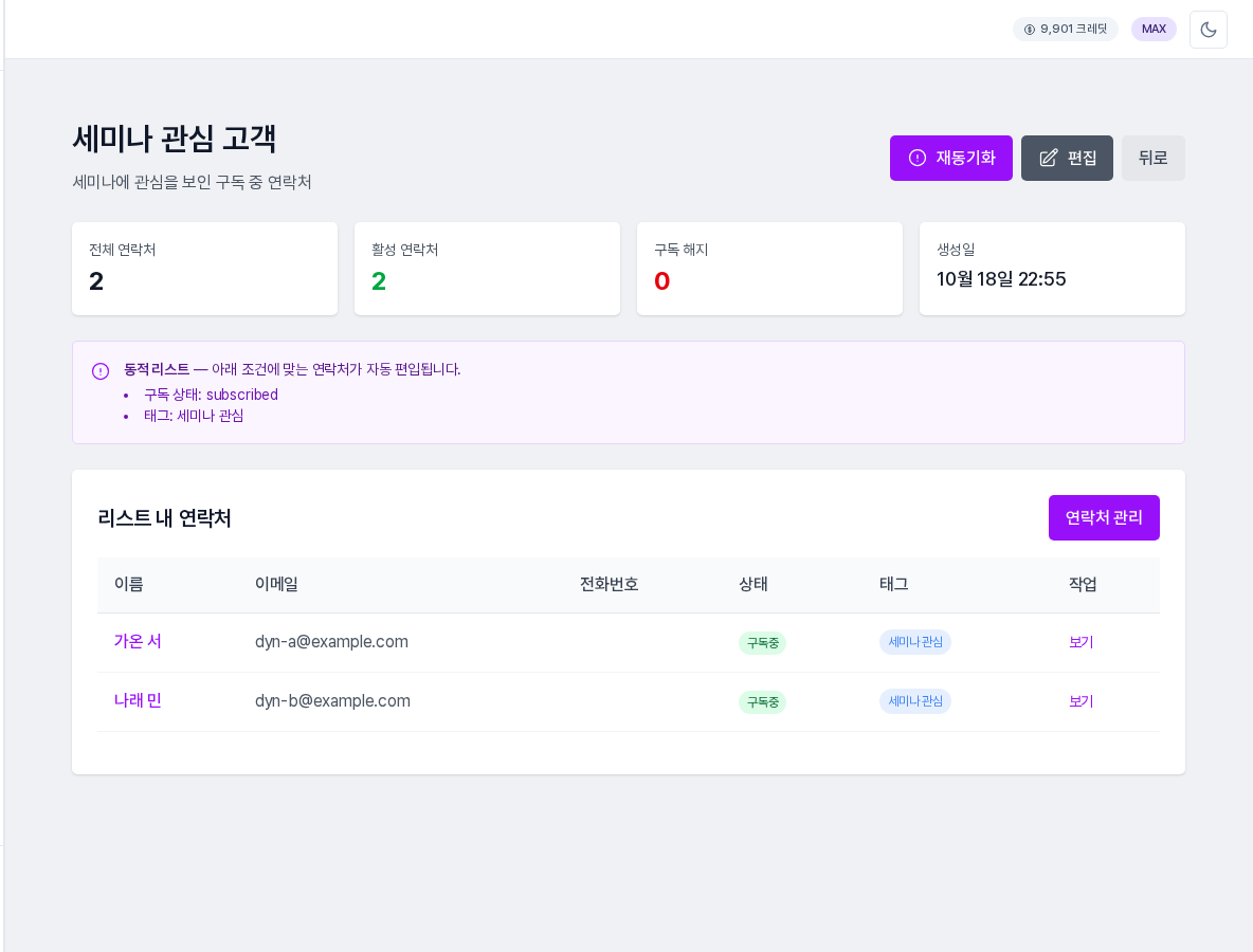조건에 맞는 연락처를 새로 등록한 직후의 리스트 상세. 연락처가 아직 2명으로 보입니다