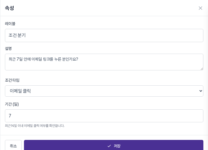 조건 타입이 이메일 클릭이고 기간 일 칸에 7이 입력된 패널