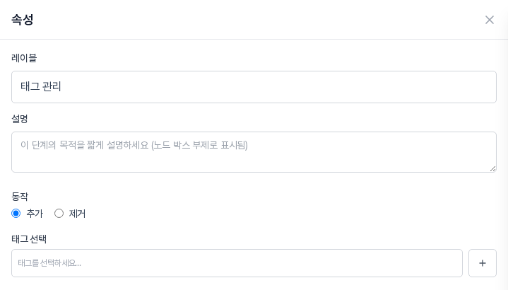 태그 관리 블록의 속성 패널. 동작에서 추가가 선택되어 있고 태그 선택 칸에 태그를 선택하세요라는 안내가 보인다