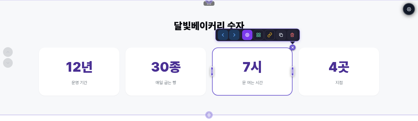라이트 통계 카드의 숫자를 달빛베이커리 예시로 고친 뒤 세 번째 카드를 선택한 화면. 카드 위에 이동, 설정, 간격, 링크, 복제, 삭제 단추가 있는 툴바가 펼쳐져 있음