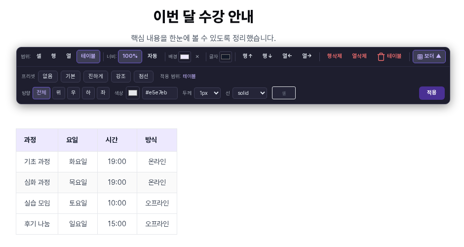 범위를 테이블로 고르고 보더 패널을 펼친 화면. 프리셋 버튼과 방향, 색상, 두께, 선 종류 선택 칸, 적용 버튼이 보입니다