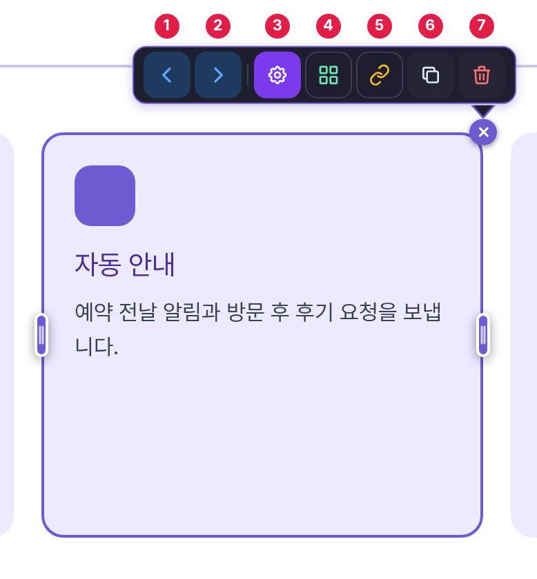펼쳐진 미니툴바. 왼쪽부터 왼쪽으로 이동(1), 오른쪽으로 이동(2), 요소 설정 열기(3), 레이아웃/간격(4), 링크 넣기(5), 요소 복제(6), 요소 삭제(7) 버튼이 번호와 함께 표시되어 있다