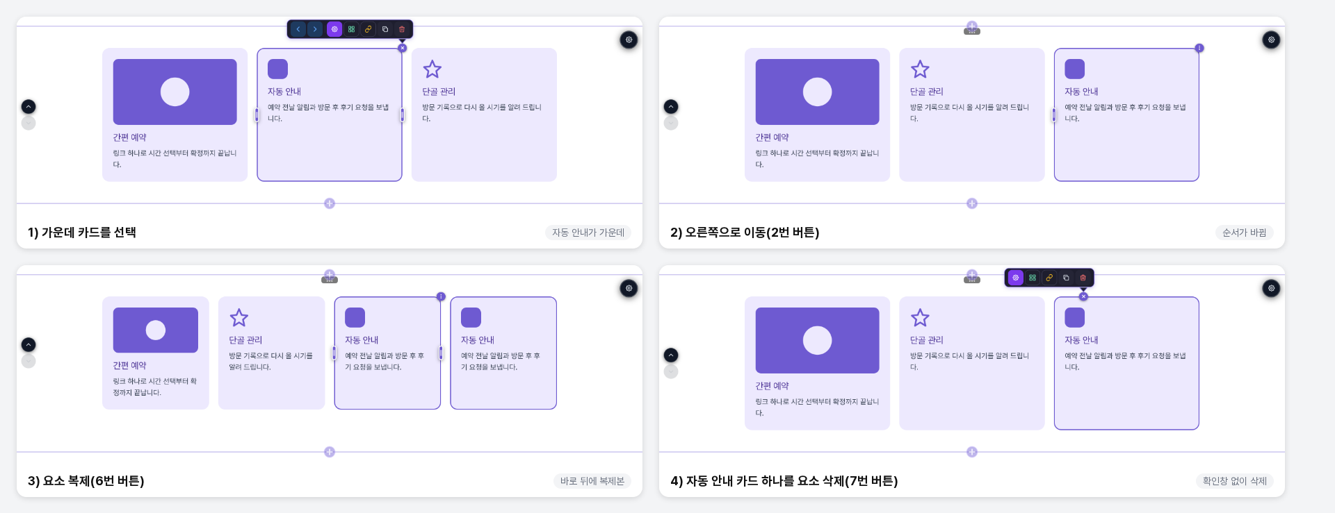 가운데 카드를 오른쪽으로 이동하고, 복제하고, 삭제하는 네 단계의 화면. 카드 세 장의 순서가 바뀌고, 네 장이 되었다가 다시 세 장이 된다