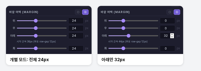 개별 모드에서 위, 우, 아래, 좌 네 줄이 보이는 모습. 아래 줄 밑에 시각 간격 안내가 작게 표시됩니다