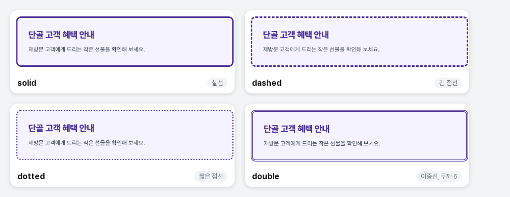 같은 카드에 solid, dashed, dotted, double 스타일을 적용해 비교한 화면