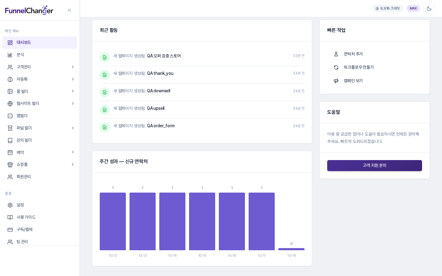 최근 활동 목록과 주간 신규 연락처 막대 그래프, 빠른 작업과 도움말 카드