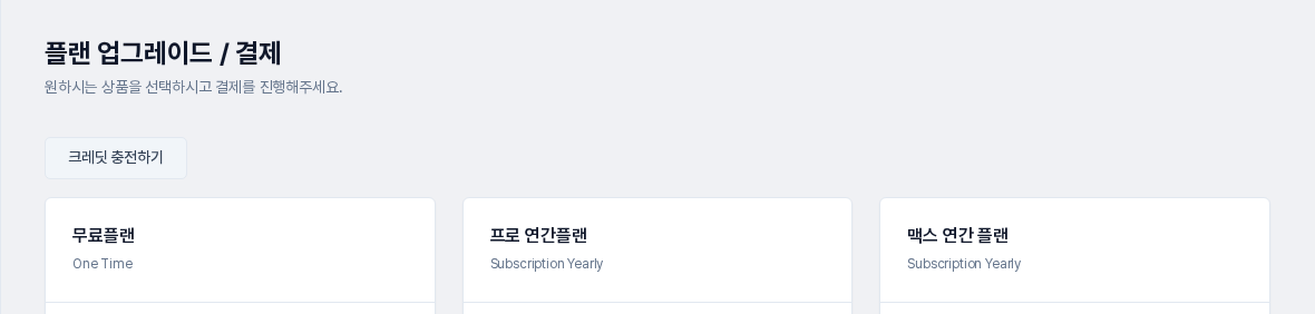 구독/결제 화면 상단. 플랜 업그레이드 / 결제 제목과 크레딧 충전하기 버튼, 무료플랜·프로 연간플랜·맥스 연간 플랜 카드가 나란히 놓인 모습
