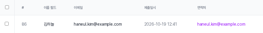 무료 가이드 신청 폼의 제출 목록 표. 이름과 이메일, 제출일시, 연락처 열에 같은 이메일이 링크로 보임