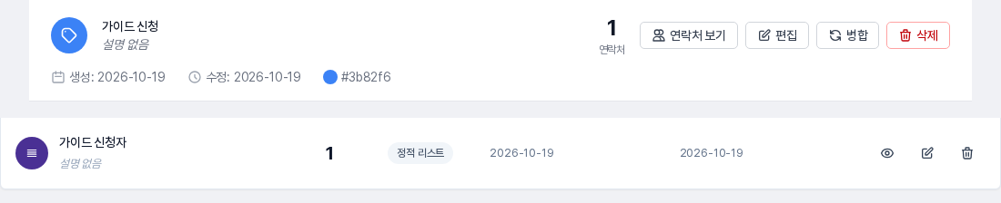 태그 관리의 가이드 신청 태그 행과 리스트 관리의 가이드 신청자 행. 두 곳 모두 연락처 수가 1