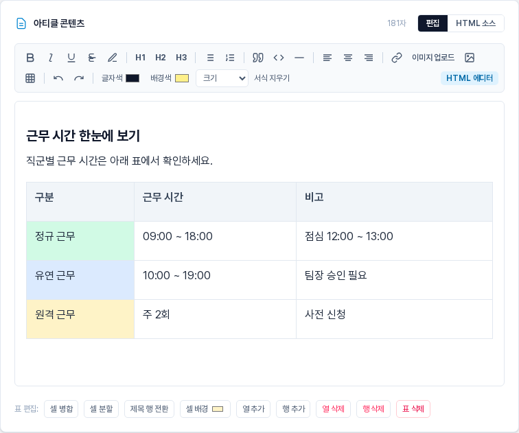 근무 시간 표. 구분, 근무 시간, 비고 열에 정규 근무, 유연 근무, 원격 근무 행이 채워져 있고 첫 열 세 칸에 연두, 연한 파랑, 연한 노랑 배경이 칠해져 있다