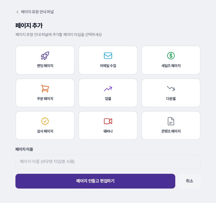 페이지 추가 화면. 랜딩 페이지, 이메일 수집, 세일즈 페이지, 주문 페이지, 업셀, 다운셀, 감사 페이지, 웨비나, 콘텐츠 페이지 카드 9장과 페이지 이름 입력 칸, 페이지 만들고 편집하기 버튼, 취소 버튼이 보인다