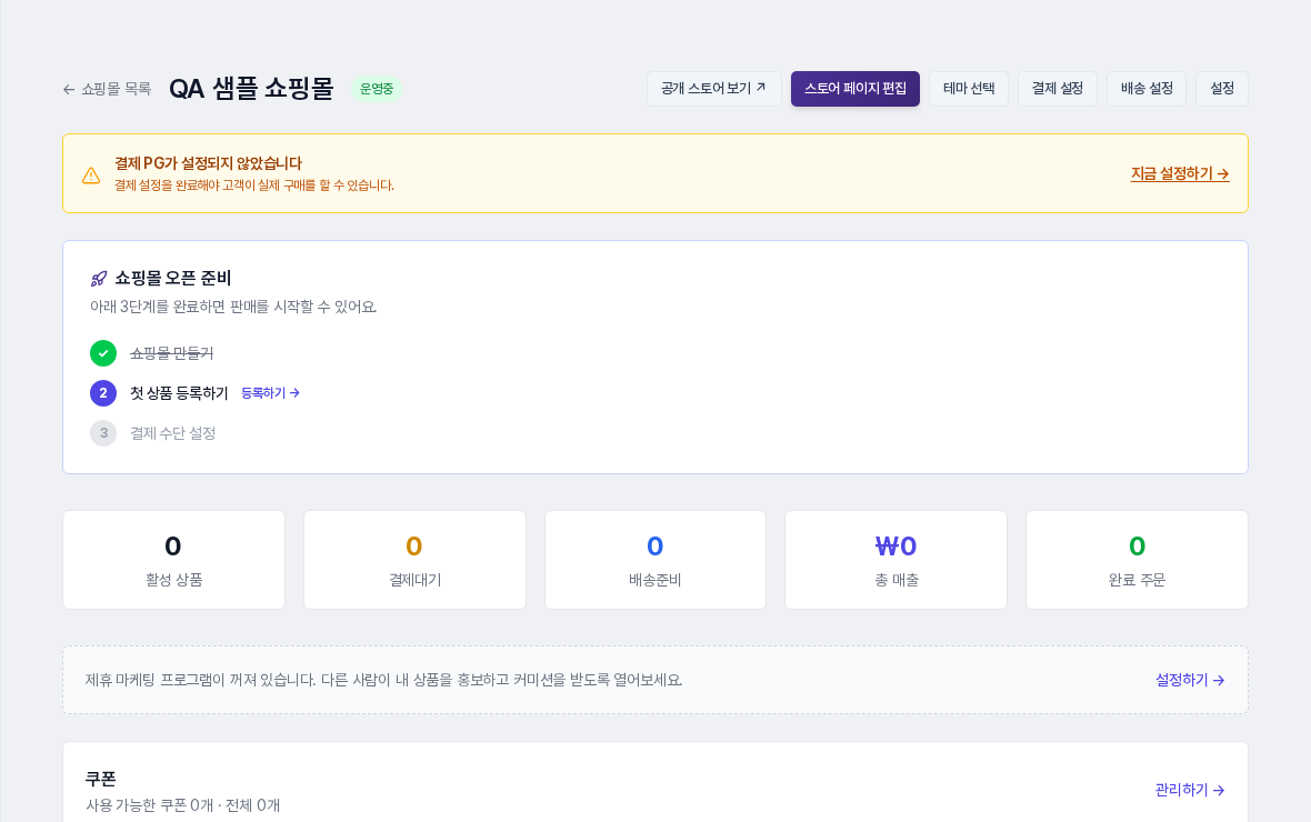 쇼핑몰 관리 화면. 상단의 여섯 개 버튼, 결제 PG 안내 배너, 쇼핑몰 오픈 준비 체크리스트와 통계 카드가 보입니다