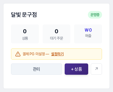 쇼핑몰 카드. 상품, 대기 주문, 매출 숫자와 결제 PG 미설정 안내, 관리와 상품 추가 버튼, 공개 스토어로 가는 화살표 버튼이 보입니다
