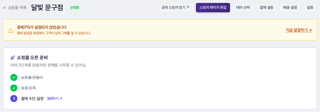 관리 홈 위쪽. 쇼핑몰 이름과 바로가기 버튼들, 결제 PG 미설정 안내, 쇼핑몰 오픈 준비 체크리스트가 보입니다