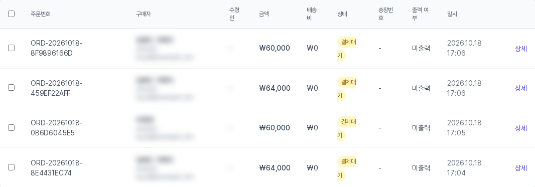 주문 표. 주문번호, 구매자, 수령인, 금액, 배송비, 상태, 송장번호, 출력 여부, 일시 열과 줄 끝의 상세 링크가 보이고 구매자와 수령인 정보는 흐리게 가렸습니다