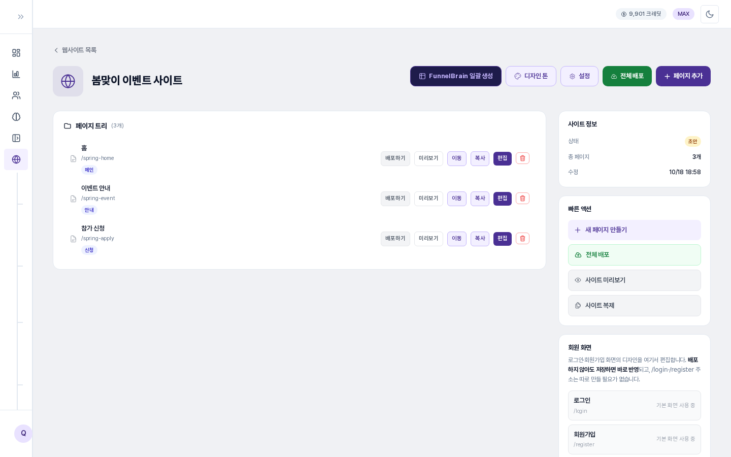 사이트 상세 화면 전체. 위쪽에 사이트 이름과 버튼 다섯 개, 왼쪽에 페이지 트리, 오른쪽에 사이트 정보와 빠른 액션 카드가 보입니다