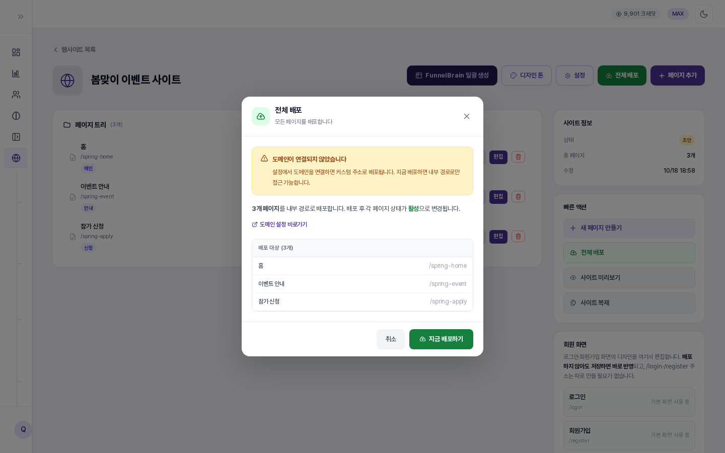 전체 배포 확인 창. 도메인이 연결되지 않았다는 안내, 3개 페이지 배포 대상 목록, 취소와 지금 배포하기 버튼이 보입니다