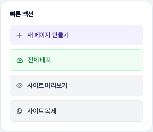 사이트 상세 화면의 빠른 액션 카드. 새 페이지 만들기, 전체 배포, 사이트 미리보기, 사이트 복제 버튼이 보입니다