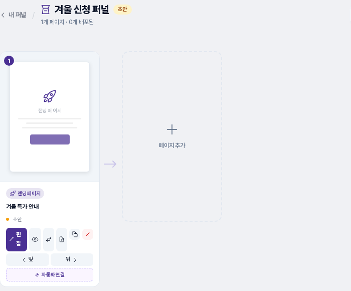 퍼널 상세 화면의 흐름 보기. 겨울 특가 안내 페이지가 랜딩 페이지 유형의 1번 단계로 놓이고 오른쪽에 페이지 추가 칸이 있습니다