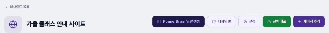 웹사이트 상세 화면 위쪽. 사이트 이름 오른쪽에 FunnelBrain 일괄 생성, 디자인 톤, 설정, 전체 배포, 페이지 추가 버튼이 나란히 있습니다